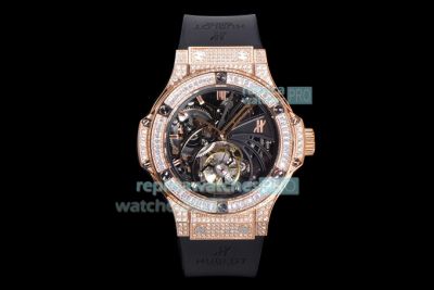 Swiss Replica Hublot Big Bang Skeleton Tourbillon Watch Rose Gold Diamond Bezel